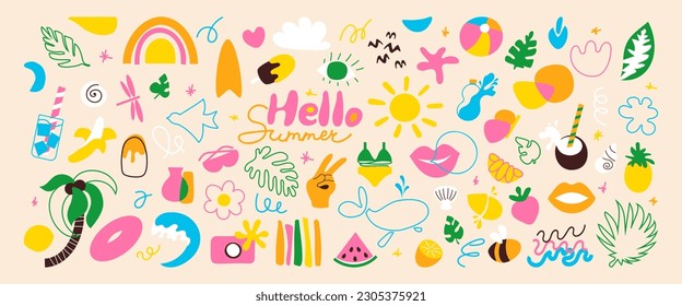 Summer doodle objects and abstract shapes modern collection. Various hand drawn tropical leaves, cold drinks, fruits, beach elements. Hello summer. Vector illustration