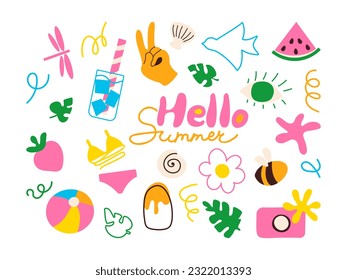 Summer doodle objects and abstract shapes modern set. Tropical leaves, cold water, fruits, ice cream, flower, shells. Hello summer. Vector illustration isolated on white background