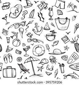Summer doodle pattern. Summer beach holidays, travel, shoes, ice cream, shells, ball, drink, towel, sunglasses, parasol. Hand drawn doodle. Seamless vector sketch background 