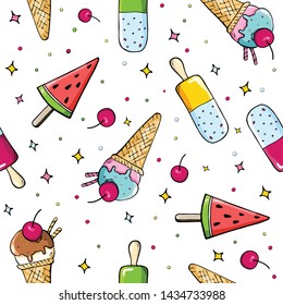 Summer doodle pattern. Several kinds of Ice cream on a white background seamless pattern. Waffle cone, Ice cream popsicles. Vector illustration of colored bright sweets in cartoon flat style.