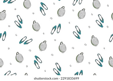 Patrón de doodle de verano con bolsa de mujer, zapatillas y gotas. Color dibujado a mano fondo transparente. Estilo de esbozo