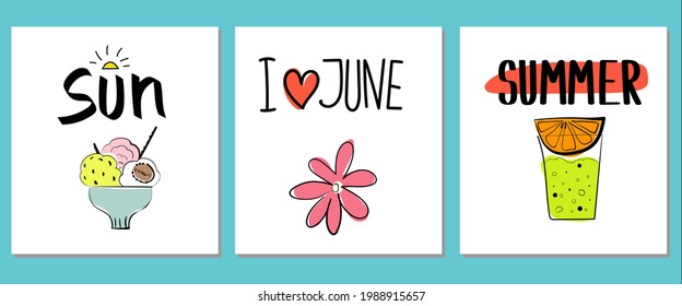 Summer doodle poster. Beach party banners with simple objects - cocktails and ice-cream, lettering. Vacation sticker elements. Vector hand
