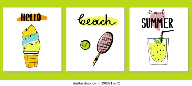 Summer doodle poster. Beach party banners with simple objects - cocktails and ice-cream, lettering. Vacation sticker elements. Vector hand
