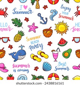 Summer doodle seamless pattern. Positive fabric print design with summertime lettering and elements. Bright beach vacation neoteric vector background