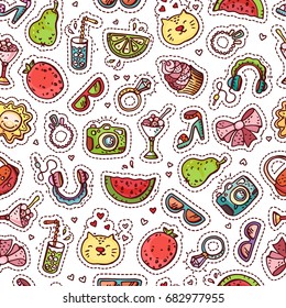 Summer doodle seamless pattern. Various fruits, drinks, objects, fashion and style accessories.