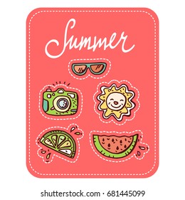Summer doodle set. 5 hand-drawn objects, patch style design. Lettered word Summer. Coral pink background