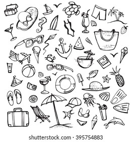 Summer doodle set. Summer beach holidays, travel, shoes, ice cream, shells, ball, drink, towel, sunglasses, parasol. Hand drawn doodle. Vector illustration isolated on white background