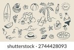 Summer doodle set with beach and vacation elements in crayon style. Hand drawn palm tree, surfboard, swimsuit, ice cream, tropical drinks and seaside icons isolated on light background. Suitable for branding, packaging, posters and seasonal design.