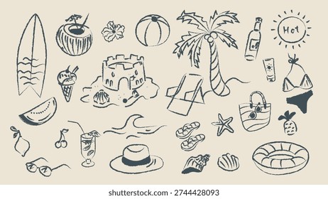 Summer doodle set with beach and vacation elements in crayon style. Hand drawn palm tree, surfboard, swimsuit, ice cream, tropical drinks and seaside icons isolated on light background. Suitable for branding, packaging, posters and seasonal design.