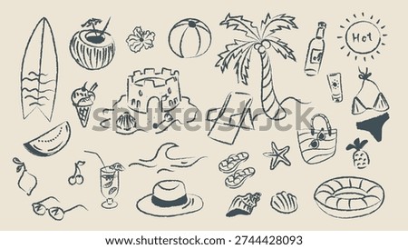 Summer doodle set with beach and vacation elements in crayon style. Hand drawn palm tree, surfboard, swimsuit, ice cream, tropical drinks and seaside icons isolated on light background. Suitable for branding, packaging, posters and seasonal design.