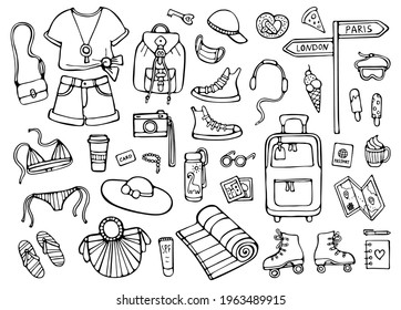 Conjunto de doodle de verano, elementos negros aislados en fondo blanco