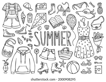 Conjunto de doodles de verano, elementos negros aislados en un fondo blanco. Ilustración del vector