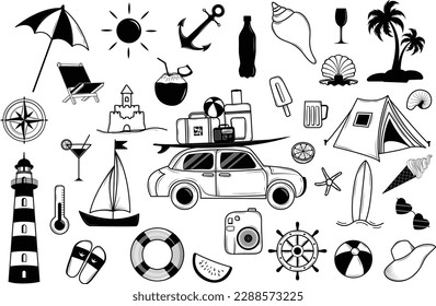 Summer doodle set family enjoy summer time summer black and white