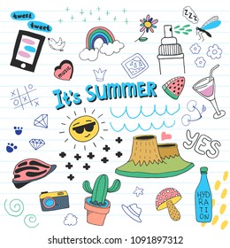 Summer doodle set. Hand drawn illustration in vector.