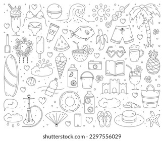 Summer doodle set, hand drawn vector drawing, beach vacation, illustration