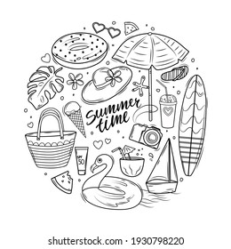 Summer doodle set with lettering, surfboard, sun umbrella, inflatable circle and beach bag. Coloring book. Vector illustration.