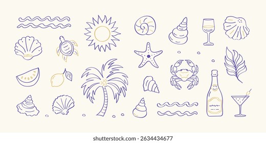 Summer doodle set in minimalist line art: seashells, crab, turtle, lemon, palm tree, cocktails, champagne, sun, and sea elements. Perfect for vacation, ocean vibes, and beach party themes.