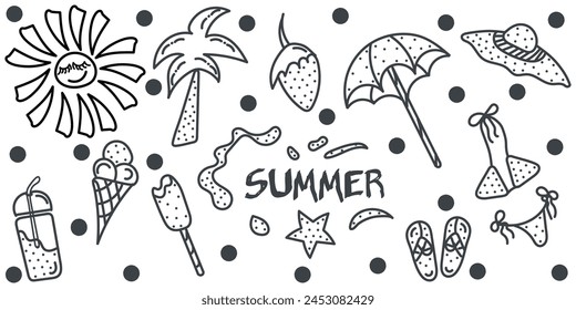 Summer doodle Set with palm tree, flip flops, bikini, dots, hat, fresh juice, sun. Text summer. Vector hand drawn illustration in black and white colors. Isolated on white background	