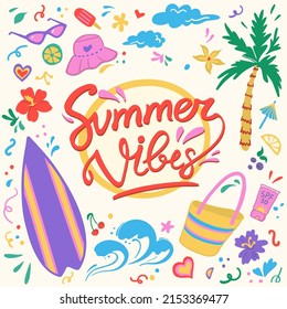 Summer doodle set retro template for postcards, banners and social media. Hand drawn red lettering. Surfboard, bandana, palm, sunglasses, lemon, wave, umbrella, sunscreen and ice cream vector cliparts
