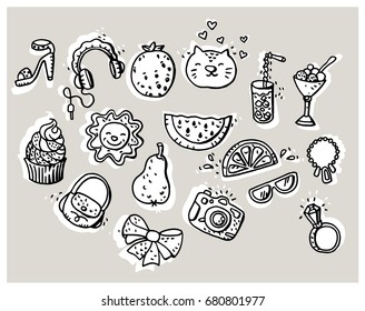 Summer doodle set. Various fruits, drinks, objects, fashion and style accessories. 