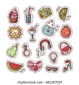 Summer doodle set. Various fruits, drinks, objects, fashion and style accessories.