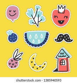 Summer doodle stickers set. Color vector items. Illustration with random elements. Design for prints and cards.