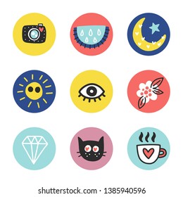 Summer doodle stickers set. Color round vector items. Illustration with random elements. Design for prints and cards.