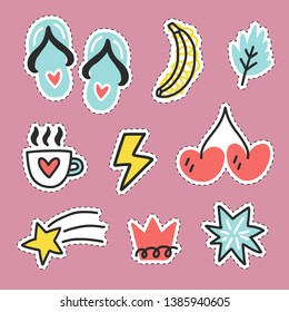 Summer doodle stickers set. Color vector items. Illustration with random elements. Design for prints and cards.