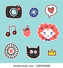 Summer doodle stickers set. Color vector items. Illustration with random elements. Design for prints and cards.