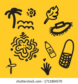 Illustration de semis de gribouillis de doodle d'été.
Icône à plat, feuille tropicale, plage, palmier, main, coeur, bouteille, jus, eau, chaleur, moustiques, vagues, sac, icônes licuid.