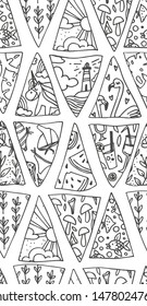 Summer doodle style hand drawn seamless pattern with unicorn, lighthouse, beach and palm leaves etc.