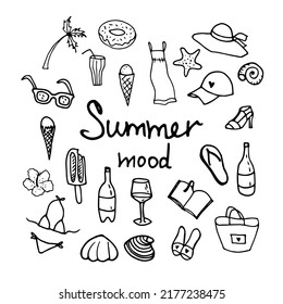 Summer doodle style set vector illustration isolated on white background