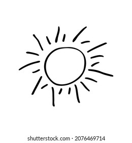 Summer doodle sun. Nice warm weather. Sunburn on vacation. Hand drawn thin line art vector illustration. Isolated simple element.