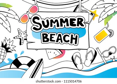 Summer doodle symbol and objects icon design for beach party background. Invitation hand drawn style. Use for labels, stickers, badges, poster, flyer, banner, illustration design.