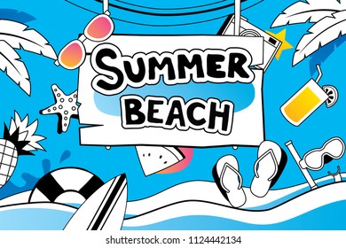 Summer doodle symbol and objects icon design for beach party background. Invitation hand drawn style. Use for labels, stickers, badges, poster, flyer, banner, illustration design.