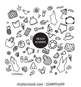 Summer doodle. Travel hand-draw doodle backround. Tourism and summer sketch with travelling elements. Vector illustration. Set of summer elements. Hand drawing. Doodle