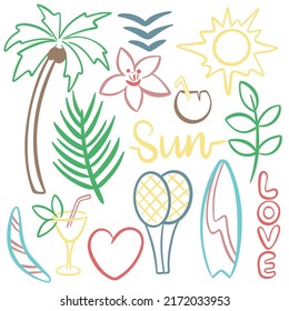 Summer doodle vector set. Hand drawn palm tree silhouettes, cocktails, surf and vacation. Sunny summer beach holiday concept