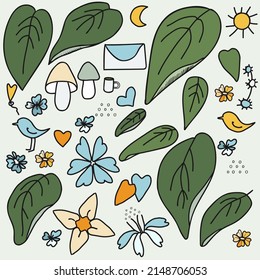 Summer doodle vector set. Leaves, flowers, birds and hearts. Everything that is associated with summer to create a design.
