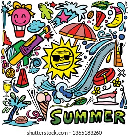 Summer doodle with water and stuff, drawing vector free hand style