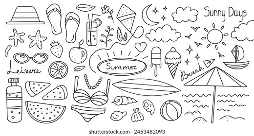 Summer doodles, cartoon drawing with beach equipment, leisure objects, summertime sweets and vacation items.