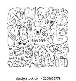 Summer doodles, clip art isolated on white background. Good for kids colouring pages, scrapbooking, stationary, stickers, labels, cards, posters, etc. EPS 10