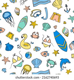 Summer. Doodles colorful background. Pattern seamless. Contains such icons as bikini, towel, flamingo float, surfboard, and sea animals.