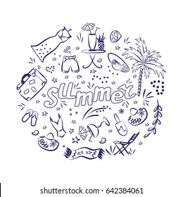 Summer doodles design, summer beach hand drawn vector symbols and objects.