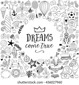 Summer doodles design, travel vacation illustration in wreath shape.