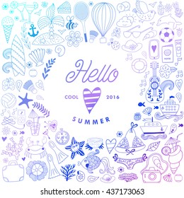 Summer doodles design, travel vacation illustration in wreath shape.