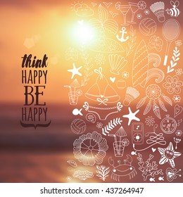 Summer doodles design, travel vacation illustration, ocean and beach concept.