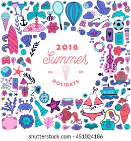 Summer doodles design, travel vacation illustration in wreath shape.