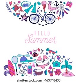 Summer doodles design, travel vacation illustration, ocean and beach concept.