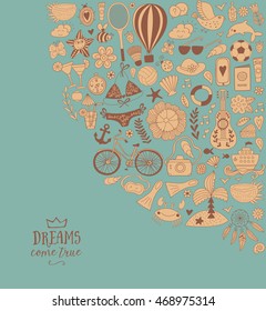 Summer doodles design, travel vacation illustration, ocean and beach concept.