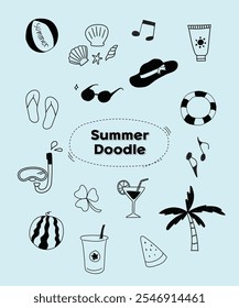 Summer doodles drawn in a line drawing style